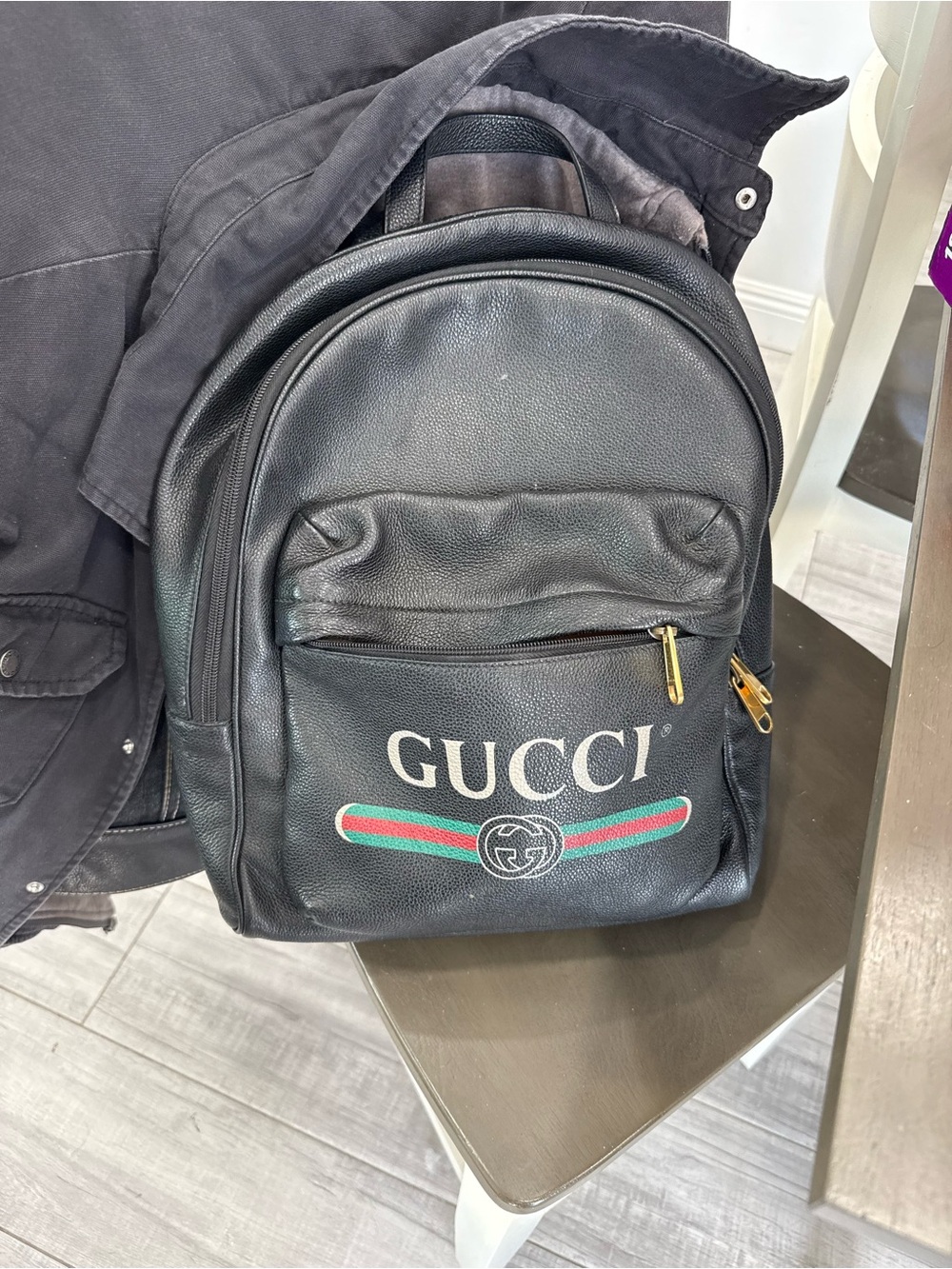 Gucci Black Leather Backpack with Red-Green Stripe Logo